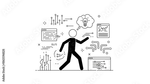 Person Walking and Analyzing Data, Generating Ideas for Problem Solving, isolated white background