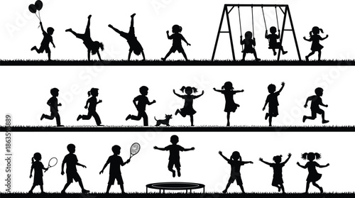Collection of children silhouettes playing outdoors including kids on swings, jumping on trampolines, and running in a park setting illustration.