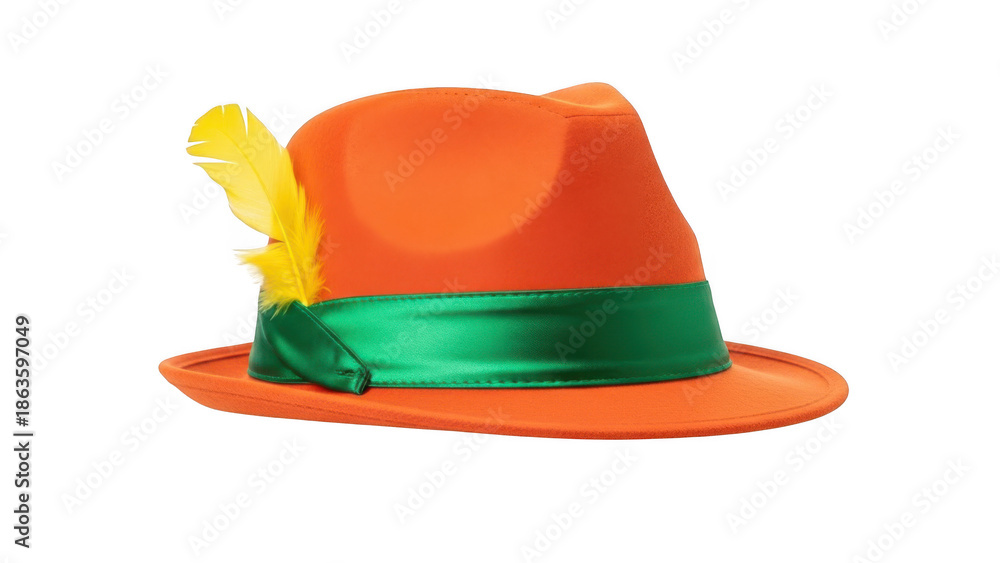 Fototapeta premium Bright orange hat with green ribbon and yellow flower isolated on transparent background