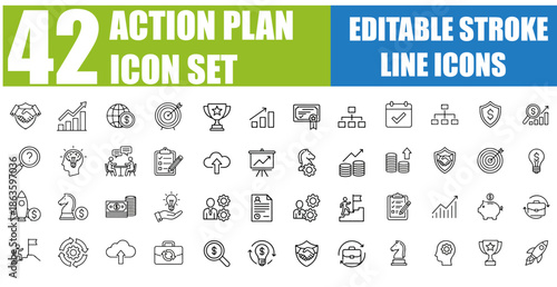 Action Plan Icon Set - Business, Goal, Team, Timeline, Schedule, Strategy, Analysis, Tasks, Planning, Collaboration, Setting, Workflow, Milestones, Project Management, and More - Editable Line Icons, 