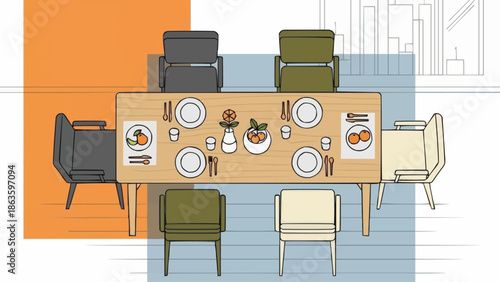 Modern Dining Room Table Setting with Chairs and Food Illustration.