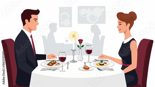 Couple Enjoying Romantic Dinner Date at Restaurant Table.