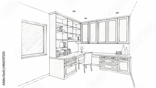 Hand drawn sketch of a modern home office interior design.