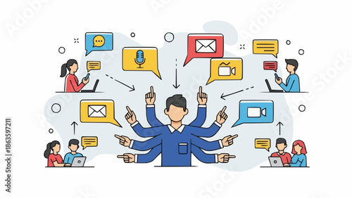 Multitasking business person managing communication channels effectively.