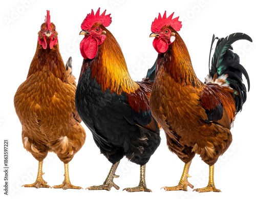 Three colorful roosters stand proudly against a white backdrop