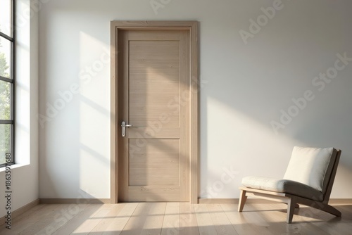 Light streams through a window illuminating a minimalist room featuring a light wood door and a simple chair.