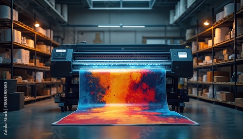 Industrial inkjet printer creates vibrant large format print on paper. Machine operates in warehouse with shelves stocked with supplies. High quality commercial output production process.