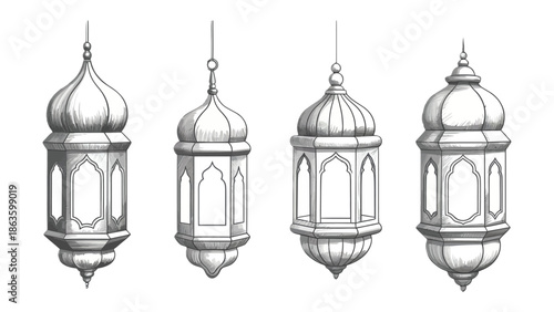 Lanterns of Illumination: Four elegant lanterns, each with intricate designs and a delicate silhouette, cast a soft, inviting glow. A serene image perfect for cultural or decorative themes.
