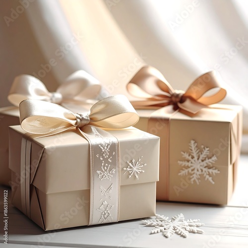 Three wrapped presents adorned with ribbons and snowflake details
