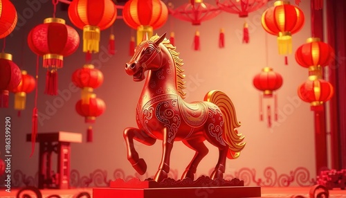 Luxury Golden Horse Statue with Fire Mane on Jade Base
