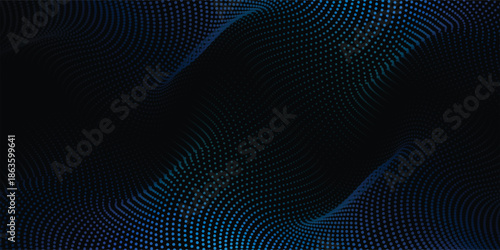 Flowing dot particles light wave pattern halftone blue and green gradient smooth curve shape isolated on black background. blue vector art