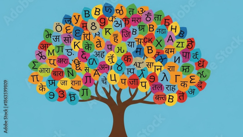 Colorful tree with multilingual alphabet letters on leaves, symbolizing language diversity and global communication with symbols and typography