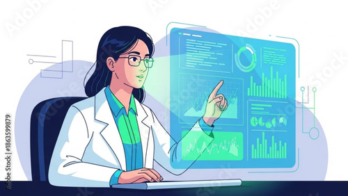 Businesswoman in white lab coat analyzing data on large computer screen with graphs and charts in a modern office setting with blue and green interface