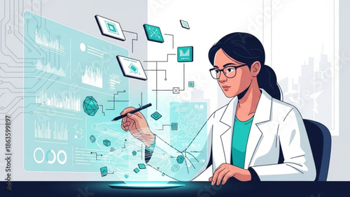 Businesswoman analyzing data on a futuristic interface with graphs and charts floating in the air, representing technology and innovation in the workplace