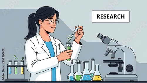 Female scientist in lab coat working with test tubes and microscope in laboratory setting for research and experimentation with science and technology