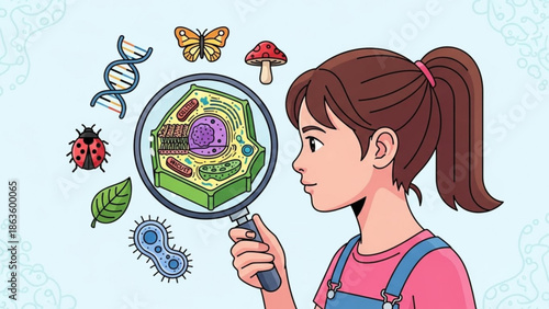 A curious young girl examines a magnified cell structure surrounded by various biological elements like dna, insects, and microorganisms, representing science and learning