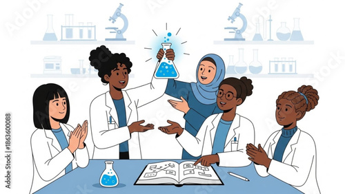 Diverse group of female scientists in lab coats celebrating a successful chemistry experiment in a laboratory setting with beakers and a microscope