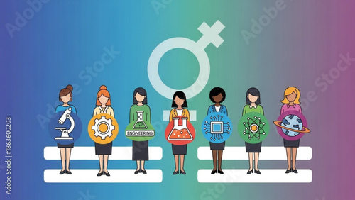 Diverse women in science and engineering, representing various professions and fields, standing together in unity and equality, symbolizing female empowerment and gender