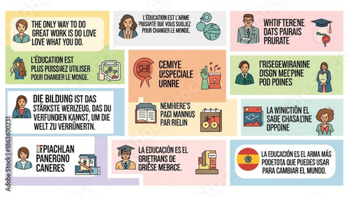 Education quotes in multiple languages, inspirational sayings about learning and changing the world, colorful illustrations of students and teachers, motivational posters