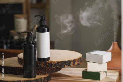 A blank no label shampoo bottle on wooden table with background of many beauty treatments