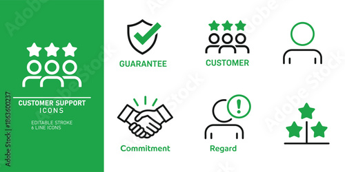 A collection of customer support icons including guarantee customer commitment and regard on a green and white background