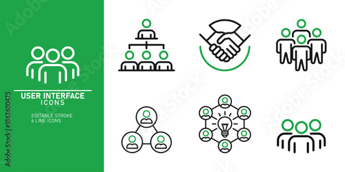 A collection of user interface icons depicting various business and teamwork concepts on a green and white background