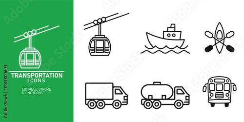 A collection of various transportation icons on a white and green background for use in design and infographics