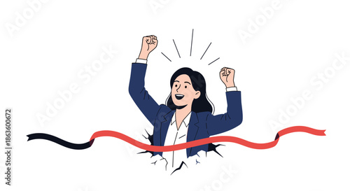 Successful businesswoman in a formal suit joyfully crossing a red finish line to represent achievement, goal reaching, and career victory.