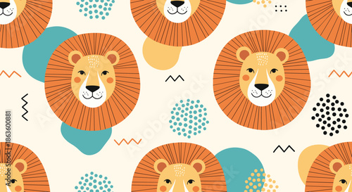 Playful seamless pattern featuring cute lion heads and colorful geometric shapes suitable for children room decor, wallpaper, and textile prints.