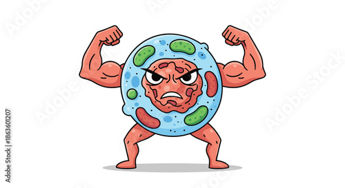 Powerful muscular biological cell character showing off biceps to represent strong immunity, health, and a robust human defense system.
