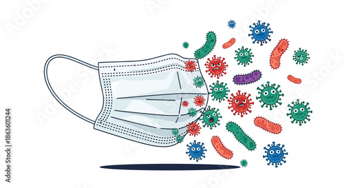 Protective medical face mask effectively blocking various colorful virus and bacteria characters to demonstrate safety and illness prevention.