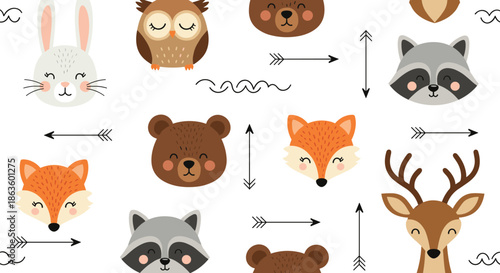 Modern seamless pattern with cute forest animal faces like bears, foxes, and owls along with arrows for a woodland nursery theme.