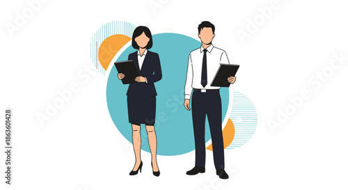 Professional man and woman in business attire holding folders standing in front of abstract geometric shapes for corporate presentations.