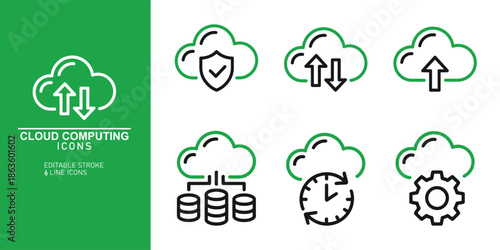 A collection of cloud computing icons depicting various concepts such as data storage, security, synchronization, and settings in a modern design