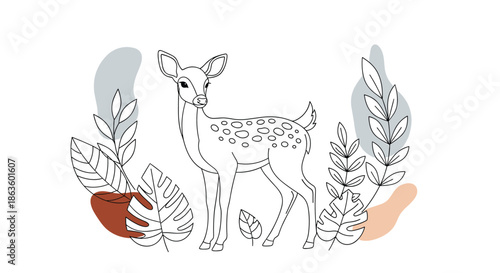 Elegant line art drawing of a spotted deer standing among various large leaves and abstract shapes in a modern botanical style.