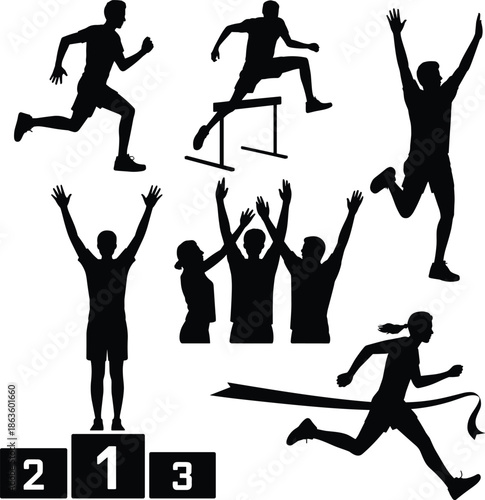 Black, silhouette, athletes, running, jumping, hurdling, celebrating, victory, podium, sports, competition, fitness, training, marathon, sprint, success, teamwork, illustration, speed, endurance, race