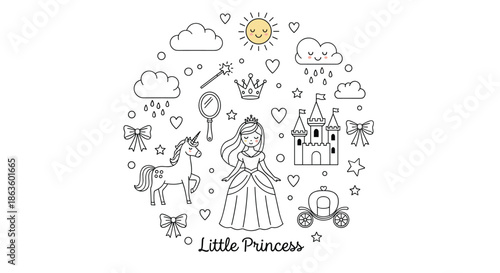 Charming logo design for Little Princess featuring a girl in a dress, unicorn, castle, and other magical icons arranged in a circle.