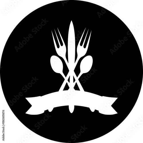 Restaurant Emblem Icon - Circular Grey Cutlery Silhouette with Ribbon Banner