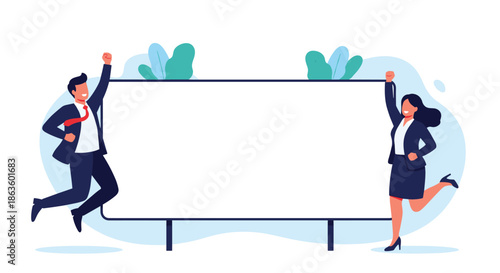 Joyful businessman and businesswoman in suits jumping with excitement next to a large blank whiteboard for an announcement or success.