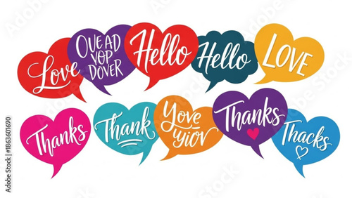 Colorful speech bubbles with love, hello, thanks and other positive words on white background for friendly expressions and emotions with communication