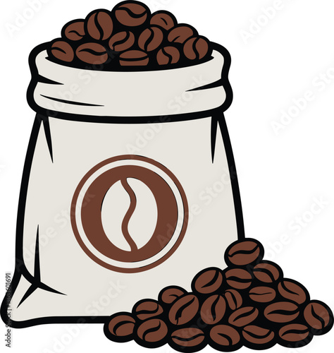 Coffee bean bag illustration, roasted coffee beans sack, espresso concept, caffeine beverage icon, cafe branding design, organic coffee packaging, flat vector artwork