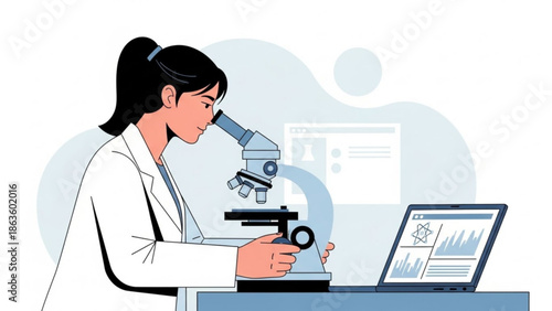 Female scientist in lab coat examining sample under microscope with laptop displaying graphs and charts in background laboratory setting with research
