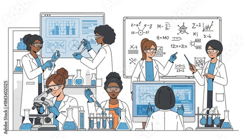 Diverse group of scientists working together in a laboratory setting with various equipment and technology with research and science and diversity