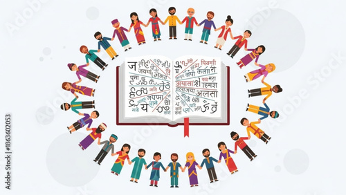 Diverse group of people from different cultures holding hands around an open book with foreign language text on the pages symbolizing unity and global education