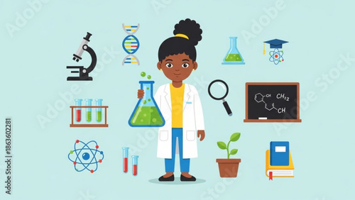 A young african american girl in a lab coat holding a beaker of green liquid surrounded by science equipment and educational icons for learning and discovery