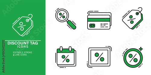 A set of discount tag icons with percentage symbols on a green and white background for use in shopping and finance applications
