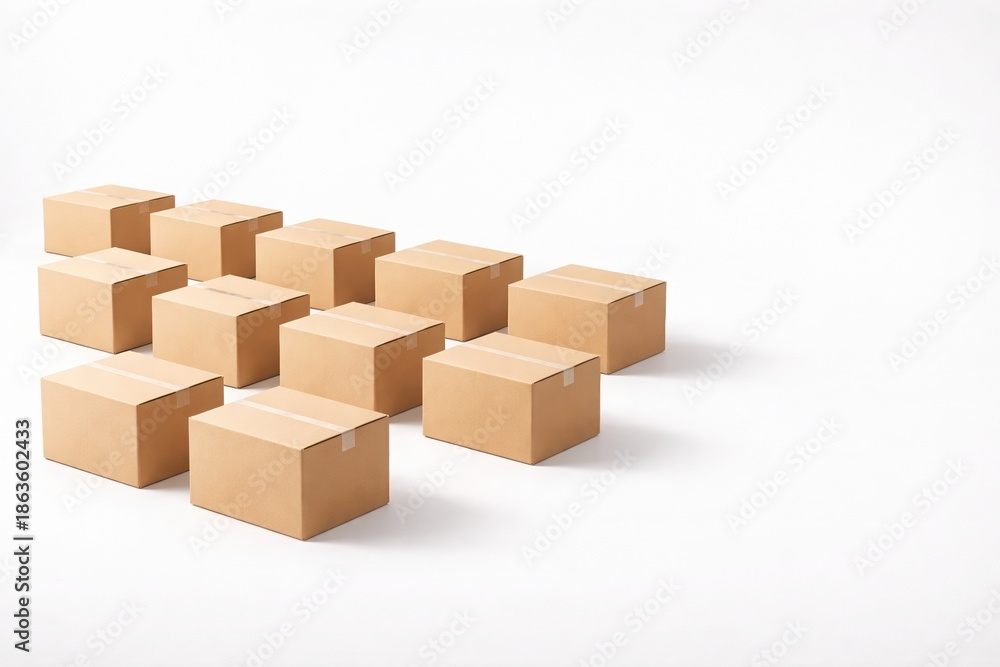 Fototapeta premium Perfectly arranged cardboard boxes in a clean 3x4 grid on a white background with soft light and copy space, concept of organized logistics process and inventory control