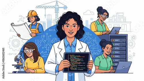 Diverse group of young professionals working in technology and science fields with woman in lab coat holding coding screen with STEM and innovation