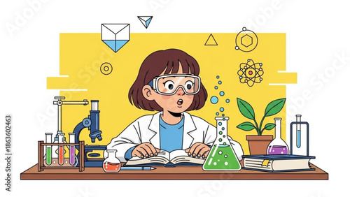 A young girl wearing safety goggles and a lab coat sits at a desk with a microscope, beaker, and book, surrounded by various science equipment and symbols on a yellow