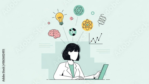 A woman with black hair wearing a white lab coat sits at a laptop with a lightbulb brain storm and science symbols floating above her head representing ideas